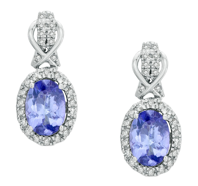 Oval Tanzanite Gemstone & Diamond Halo Drop Earrings in 10k White Gold image number null