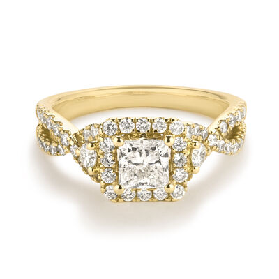 Princess-Cut Lab Grown 1 1/2ctw. Diamond Halo Twist Engagement Ring in 14k Yellow Gold