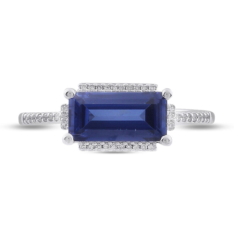 Sideways Emerald-Cut Created Blue Sapphire & Diamond Ring in Sterling Silver image number null