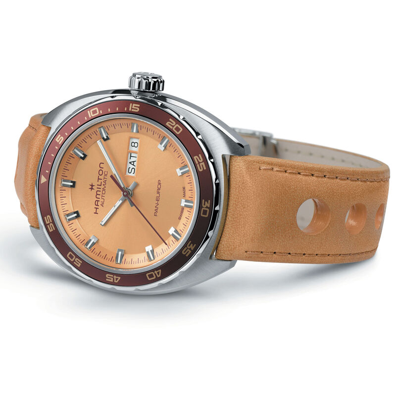 Hamilton Men's Pan Europ Automatic Beige Dial With Burg Bezel Stainless Steel Leather & Nato Strap 42mm Watch H35435820 image number null