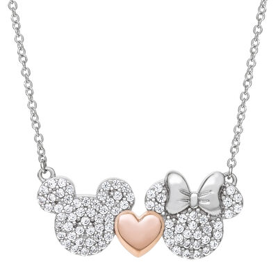 DISNEY© Mickey & Minnie Mouse CZ Necklace in Sterling Silver & Rose Gold Plated