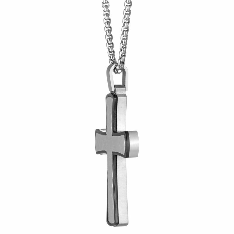 Men's Stainless Steel & Black Ion-Plate Hammered Cross Necklace image number null