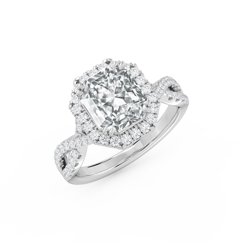 Elongated Octagon Lab Grown Diamond 3 1/2ctw. Halo Twist Engagement Ring in 14k White Gold image number null