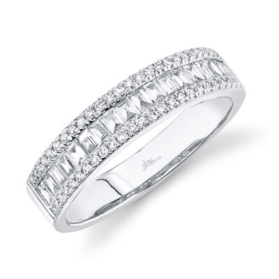 Shy Creation Three Row Baquette and Round Diamond Ring 0.55ctw. in 14k White Gold