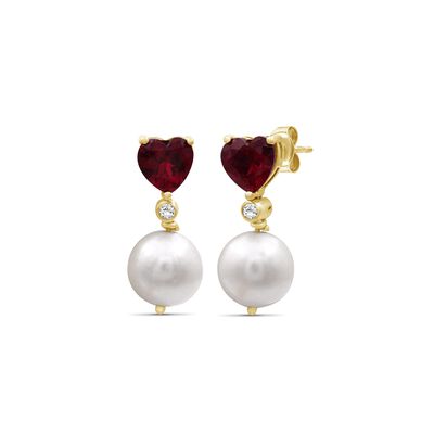 Heart-Shaped Created Ruby Pearl & Diamond Drop Earrings in 10k Yellow Gold