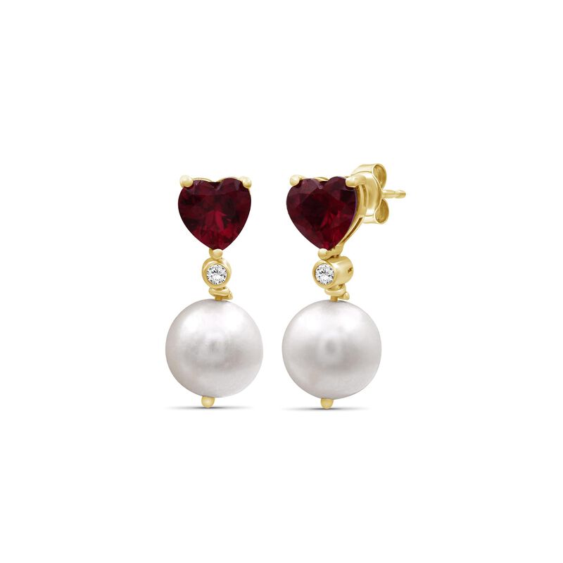 Heart-Shaped Created Ruby Pearl & Diamond Drop Earrings in 10k Yellow Gold image number null
