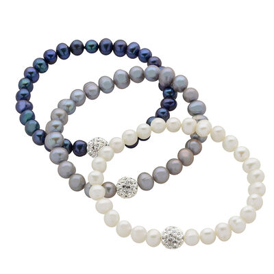 Freshwater Pearl 3-Piece White, Gray & Black Bracelet Set
