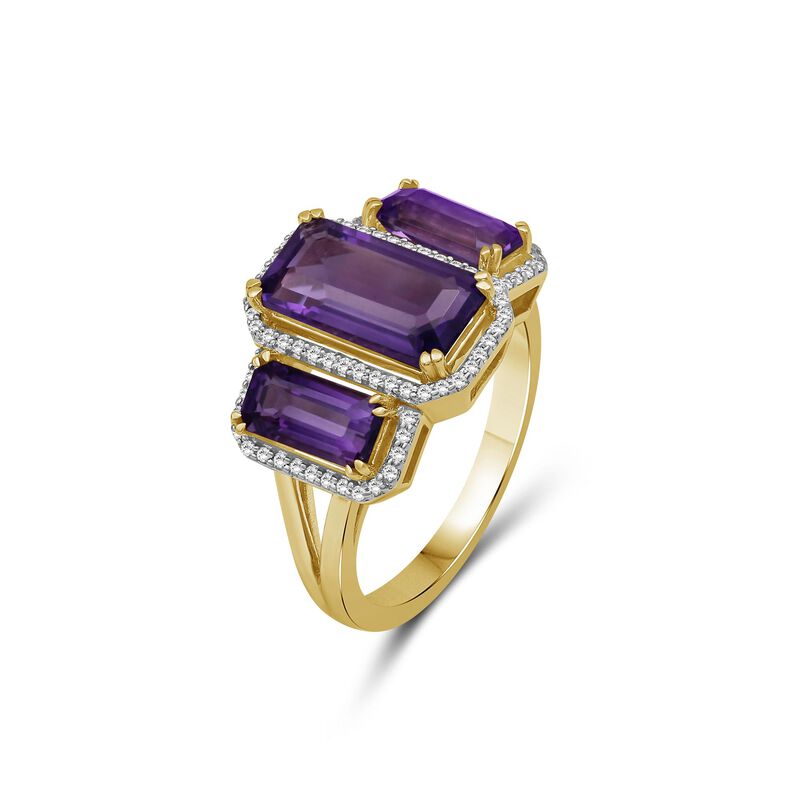 Emerald-Cut Amethyst Diamond 3-Stone Band in 10k Yellow Gold image number null