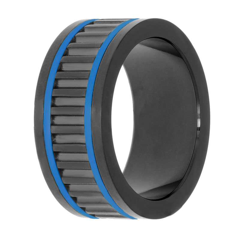 Men's 10mm Textured Ring in Black Plated Stainless Steel with Blue IP  image number null