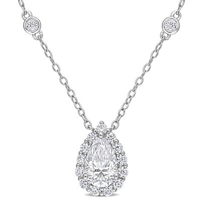 Pear 1 1/2ctw. Created Moissanite Halo Necklace in Sterling Silver