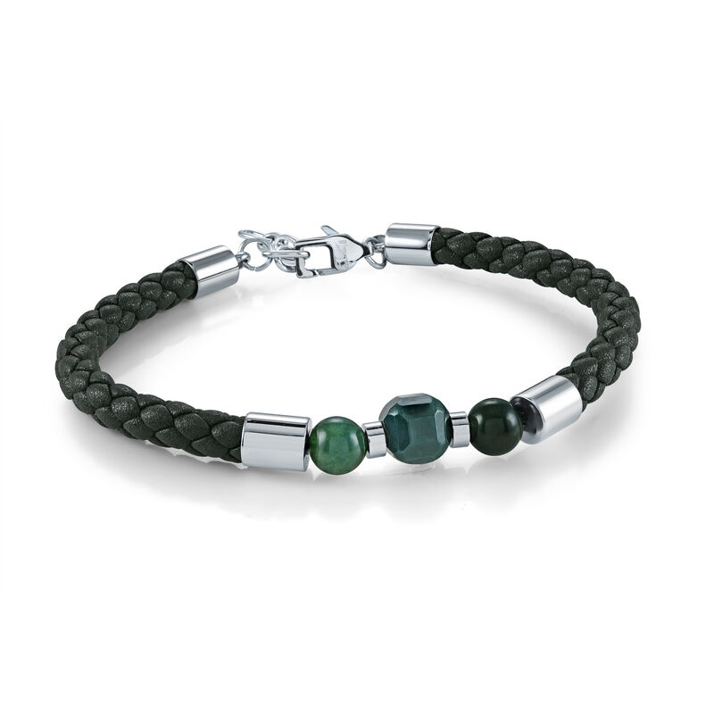 Italgem Steel Moss Agate & Green Leather Bracelet in Stainless Steel image number null