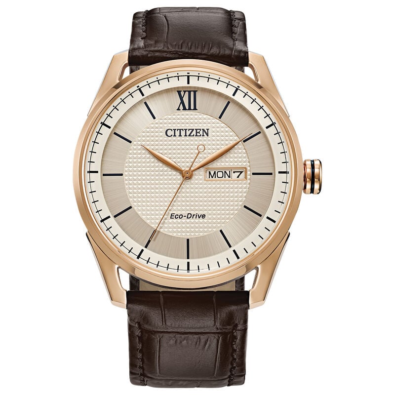 Citizen Men's Classic Rose Gold Tone Ivory Dial Brown Leather Strap 42mm Watch AW0082-01A image number null