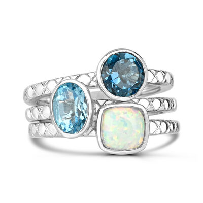 Opal & Blue Topaz 3 Row Stackable Ring in Sterling Silver