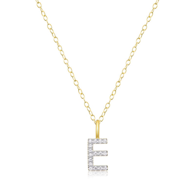 Lab Grown Diamond Letter E Initial Pendant Necklace in 14k Yellow Gold Plated Sterling Silver image number null
