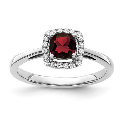 Cushion-Cut Garnet & Diamond Halo Ring in Sterling Silver
