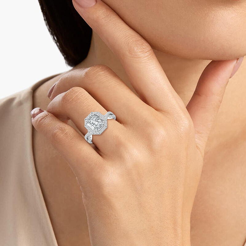 Elongated Octagon Lab Grown Diamond 3 1/2ctw. Halo Twist Engagement Ring in 14k White Gold image number null