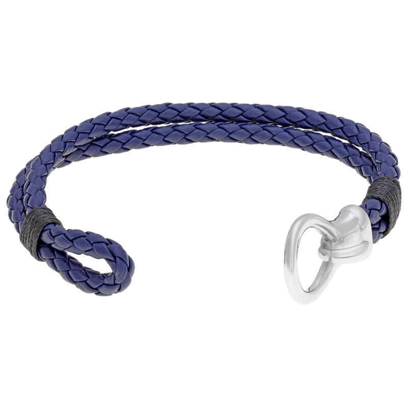 Men's Stainless Steel Clasp Blue Leather Rope Bracelet image number null