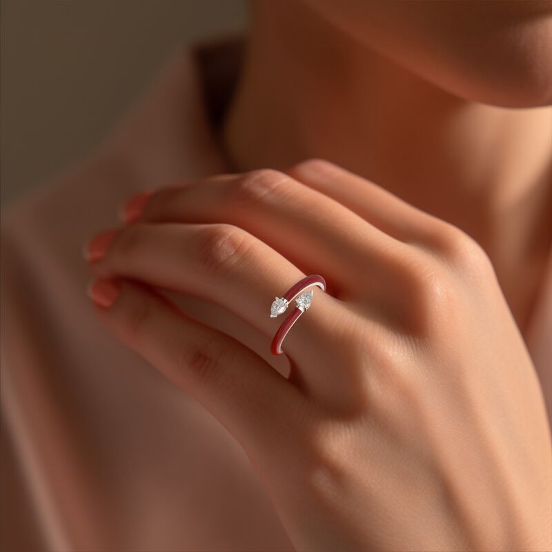 Pear-Shaped Lab Grown Diamond Red Ceramic Wrap Around Ring in Sterling Silver image number null