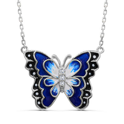 Created White Sapphire Blue Enamel Butterfly Pendant in Sterling Silver
