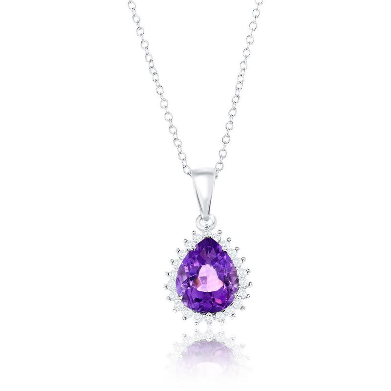 Amethyst and White Topaz Pear Shape Halo Necklace in Sterling Silver image number null