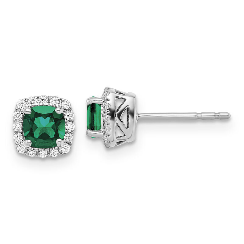 Cushion-Cut Created Emerald & Diamond Halo Stud Earrings in Sterling Silver image number null