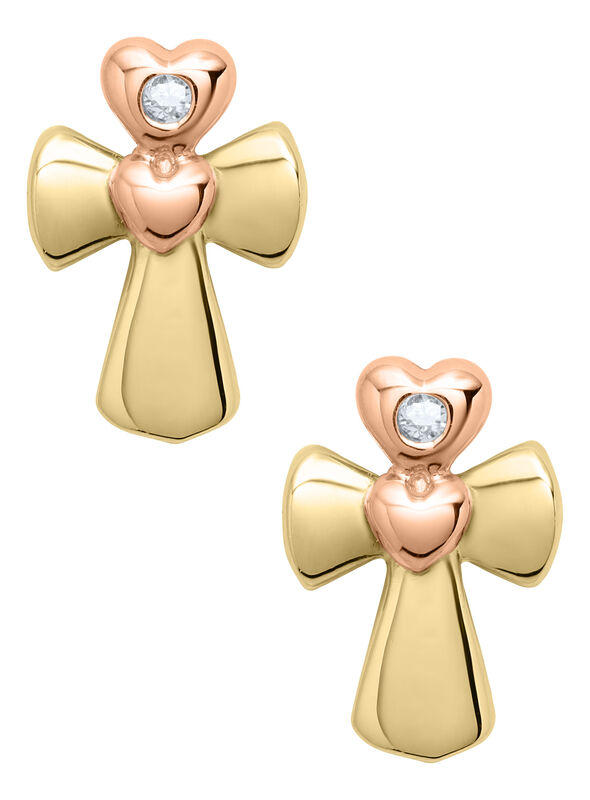 Children's Cross & Heart Stud Earrings in 14k Yellow Gold & Rose Gold image number null