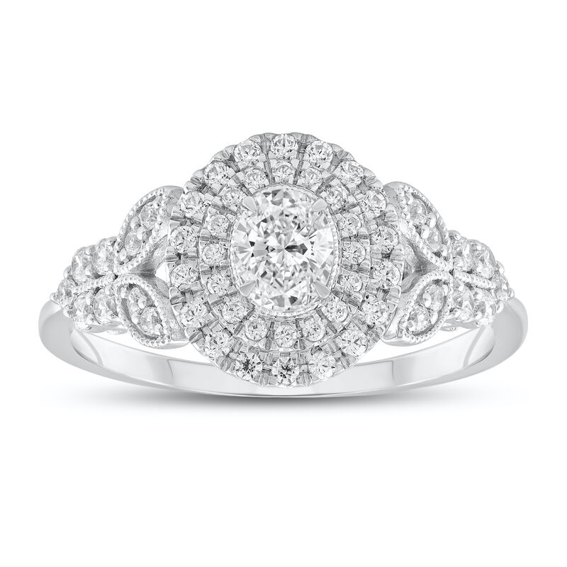 Oval Natural Diamond 5/8ctw. Milgrain Double Halo Leaf Pattern Engagement Ring in 14k White Gold image number null