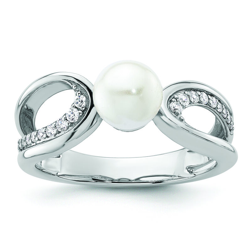 Freshwater Pearl & Diamond Open Side Ring in 10k White Gold image number null