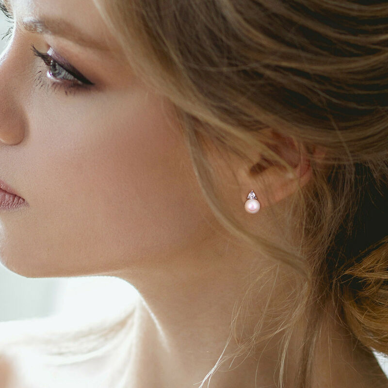 Created White Sapphire & Freshwater Cultured Pearl Stud Earrings in 10k White Gold image number null