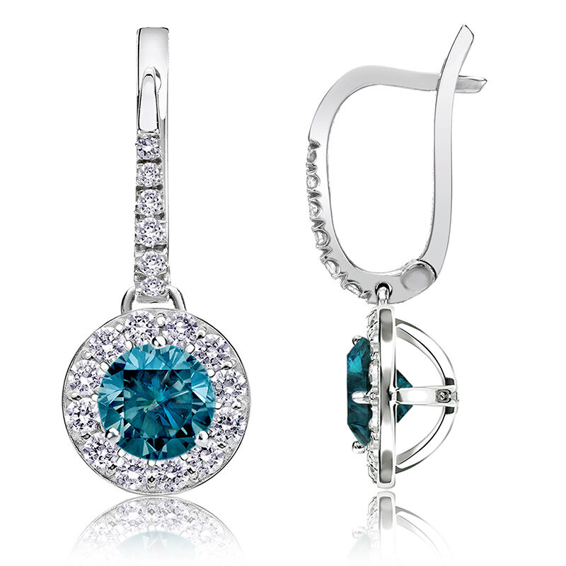 Drop 2ct. Blue Diamond Halo Earrings in 14k White Gold image number null