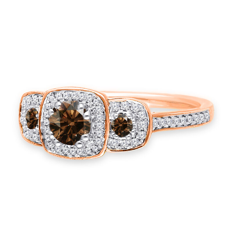 Champagne & White 5/8ctw. Diamond 3-Stone Halo Engagement Ring in 14k Rose Gold image number null