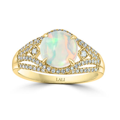 Round-Cut Opal & Diamond Ring in 14k Yellow Gold