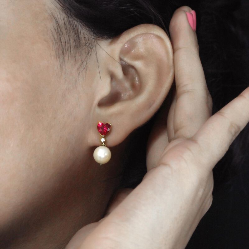 Heart-Shaped Created Ruby Pearl & Diamond Drop Earrings in 10k Yellow Gold image number null