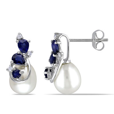 Diamond, Sapphire & Freshwater Pearl Stud Earrings 4/5ctw in 10k White Gold