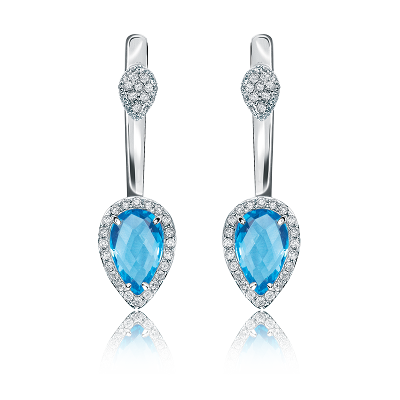 Blue Topaz & Diamond Drop Earrings in White Gold image number null