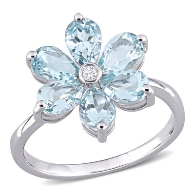 Aquamarine & Diamond Flower Ring in 14k White Gold