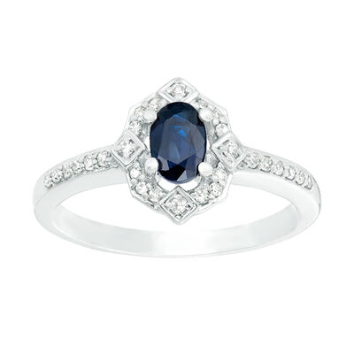 Oval Sapphire and Diamond Ring 1/8ctw in 10k White Gold