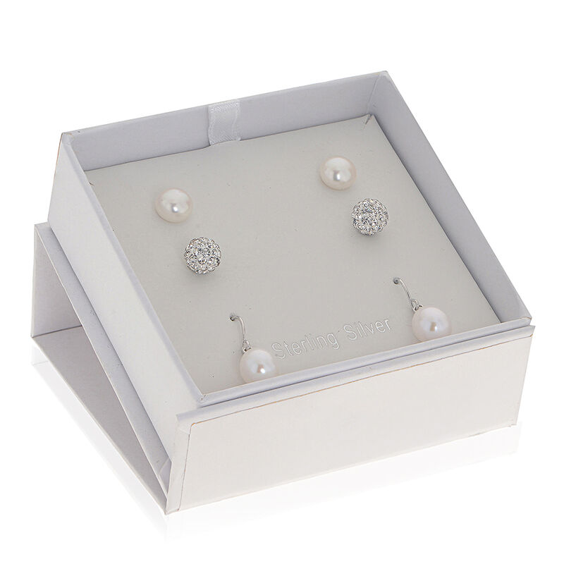 Three-Piece Pearl & Crystal Earring Set in Sterling Silver image number null