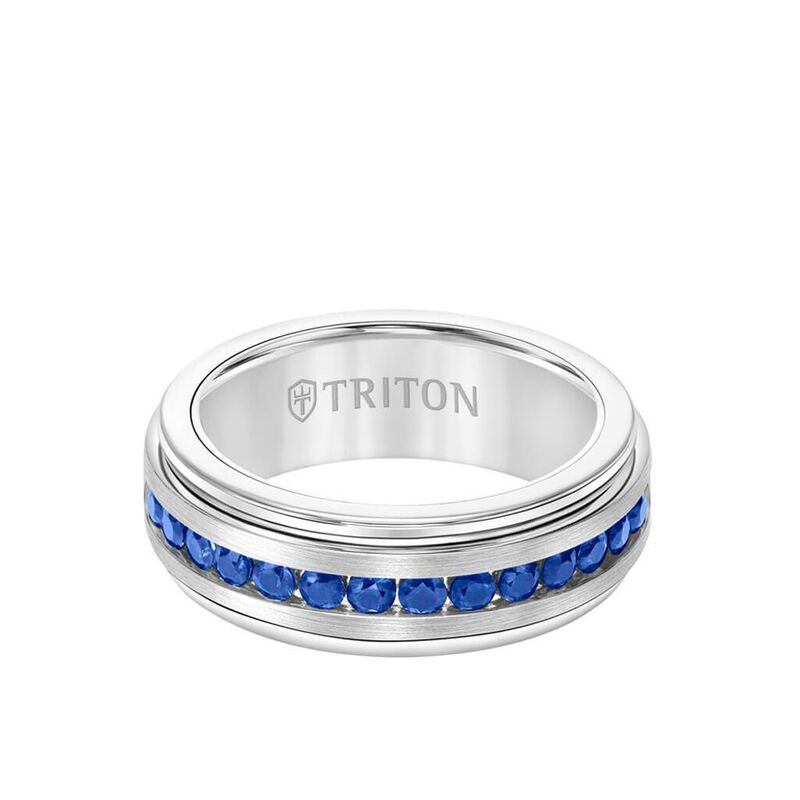 Triton Blue Sapphire Stone Center 8MM Silver Satin Finish Wedding Band image number null