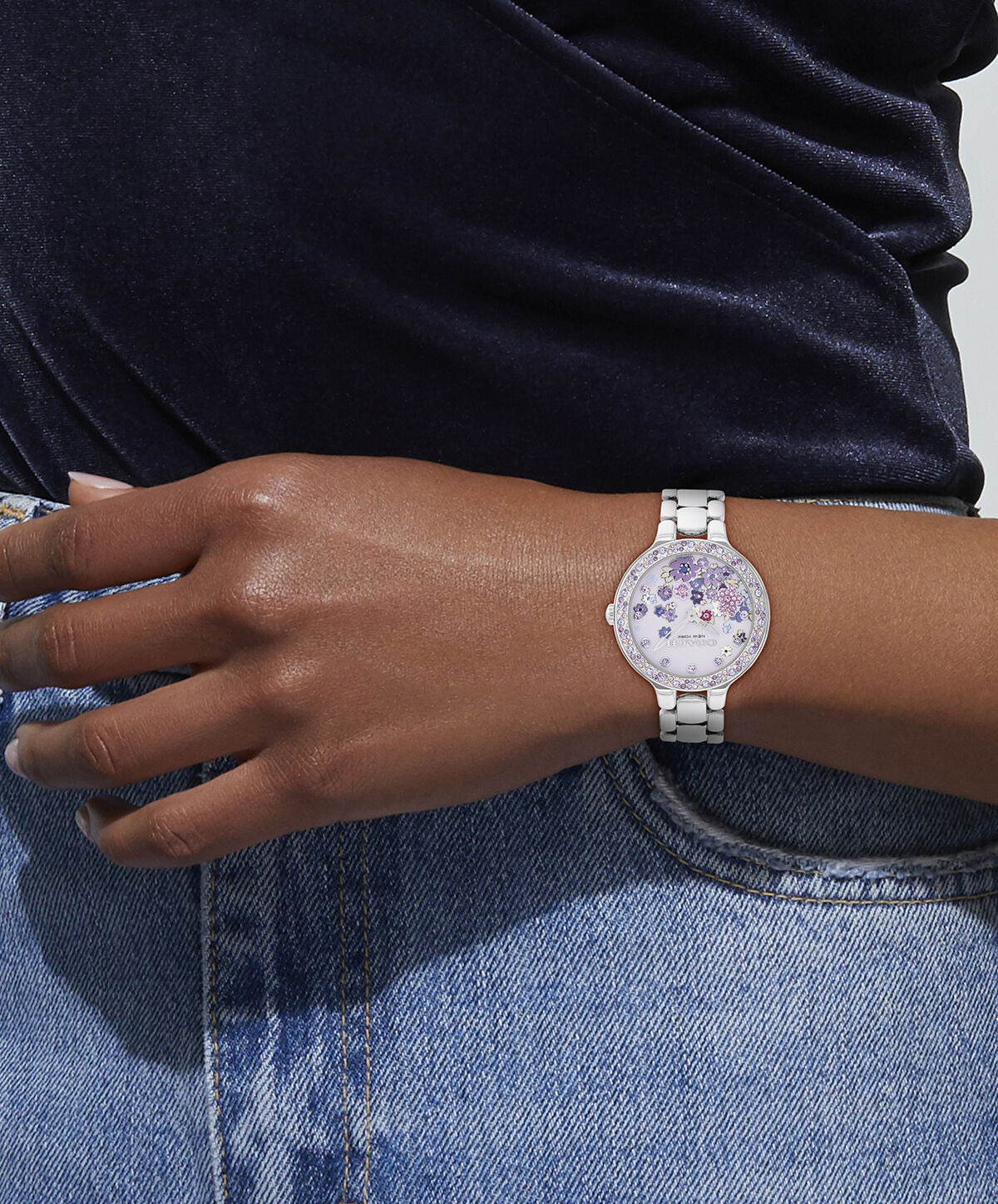 Coach Ladies' Chelsea Purple Floral Dial Stainless Steel Bracelet