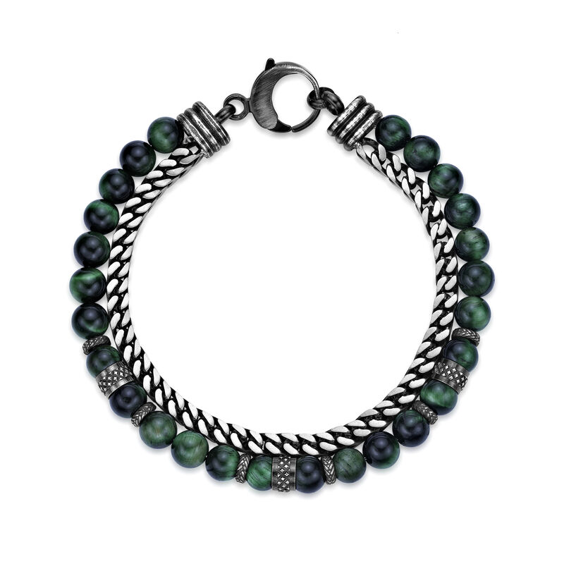 Green Tiger's Eye Bracelet in Antique Finish Stainless Steel image number null