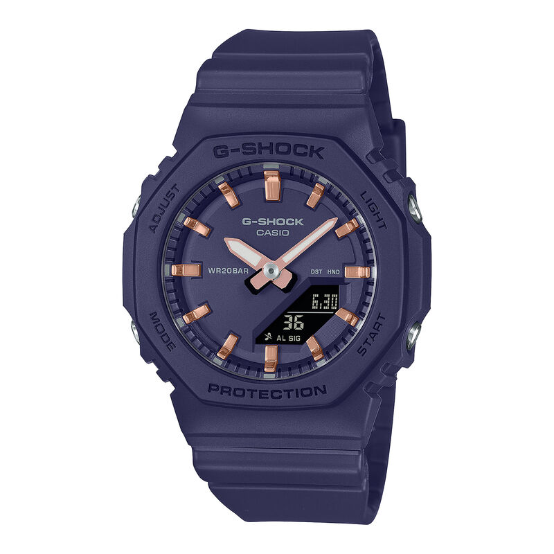 G-Shock Ladies' Navy dial With Rose Accents Metallic Index Navy Resin Band 46mm Watch GMAP2100M-2A image number null