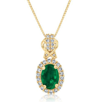 Emerald & Diamond Halo Pendant in 10k Yellow Gold