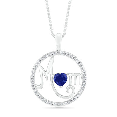 Created Blue Sapphire & Diamond Circle Mom Pendant in Sterling Silver