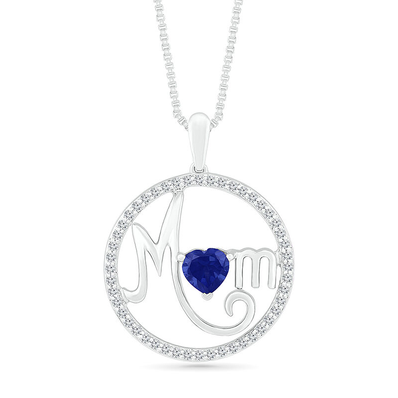 Created Blue Sapphire & Diamond Circle Mom Pendant in Sterling Silver image number null