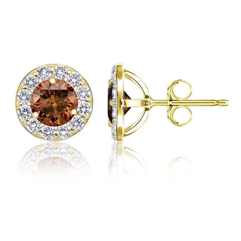 Champagne & White Diamond 1½ct. Halo Stud Earrings in 14k Yellow Gold image number null