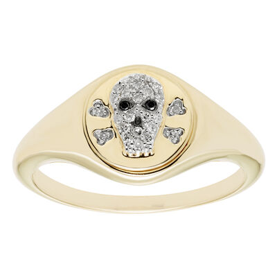 Diamond Skull Signet Ring in 14k Yellow Gold