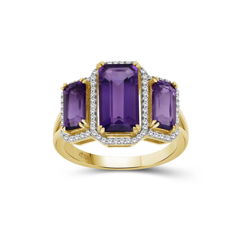 Emerald-Cut Amethyst Diamond 3-Stone Band in 10k Yellow Gold image number null