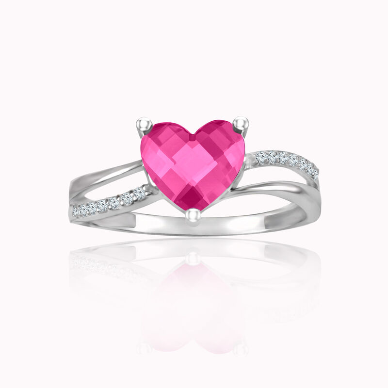 Heart-Shaped Created Pink Sapphire & Diamond Ring in Sterling Silver image number null