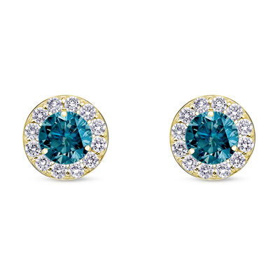 Blue Diamond Halo 1/4ctw. Stud Earrings in 14k Yellow Gold